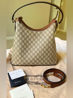 GUCCI Linea A Supreme Coated Canvas Hobo Shoulder Crossbody Bag Brown Leather